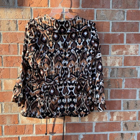 LAST CHANCE  Jacket Blazer Size Large Brown Black White Pattern Tie Waist Collar - Picture 2 of 9